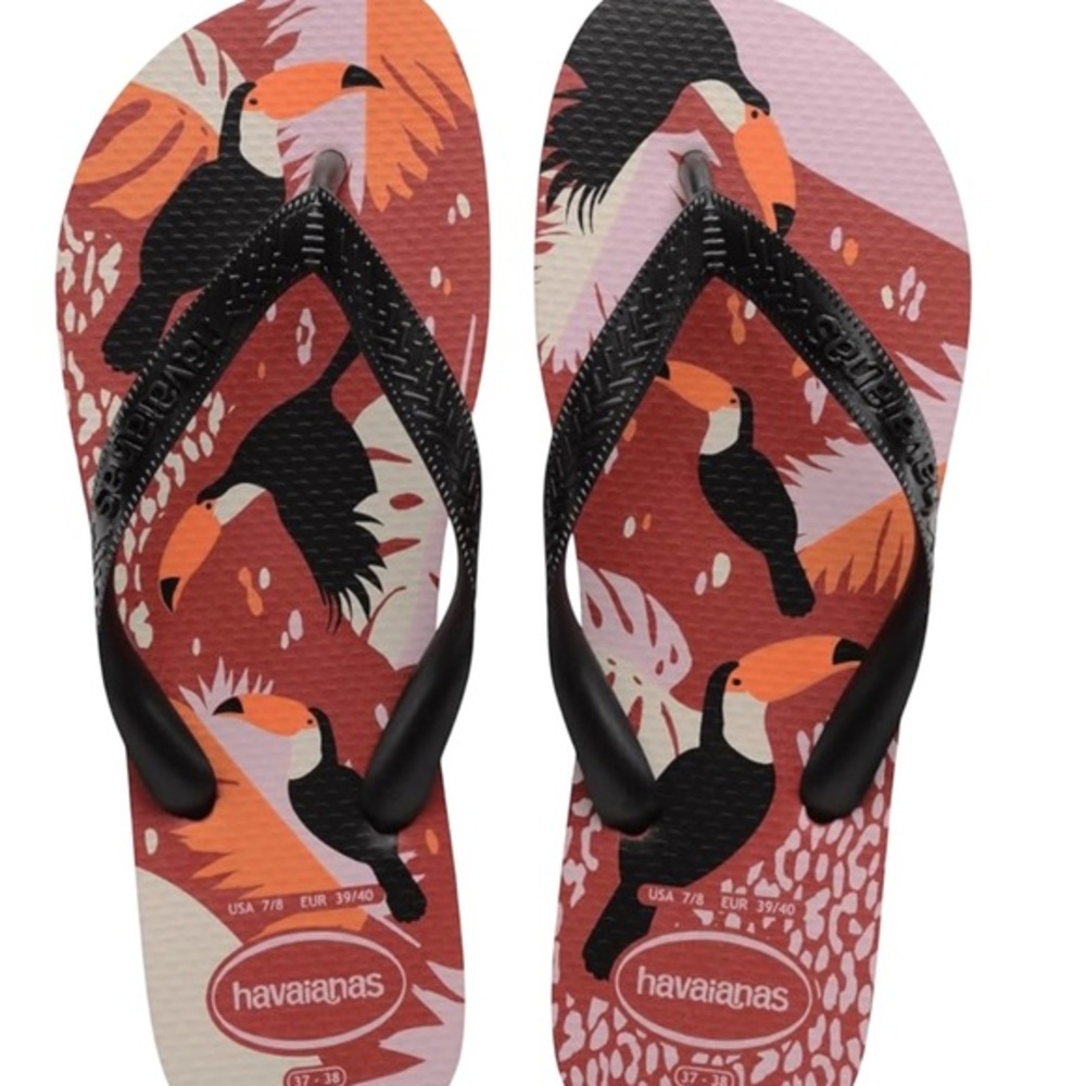 Havaianas Red Orange Toucan Print Flip Flops